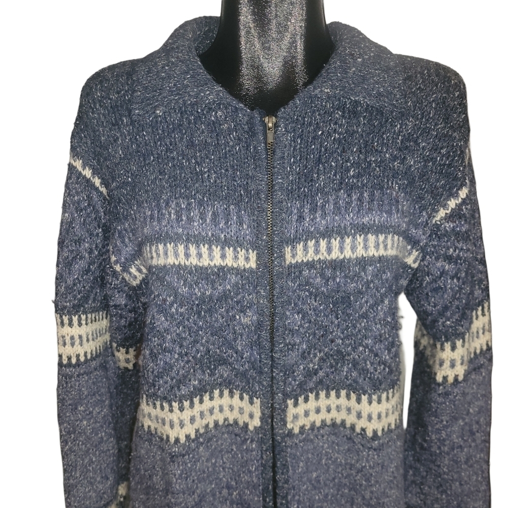 Vintage Maggie Blue and White Knit Zip Up Cardigan Size M